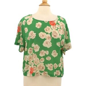 Anthropologie Postmark Silk Blouse womens 8 Green Floral‎ Pleat Back Cottagecore